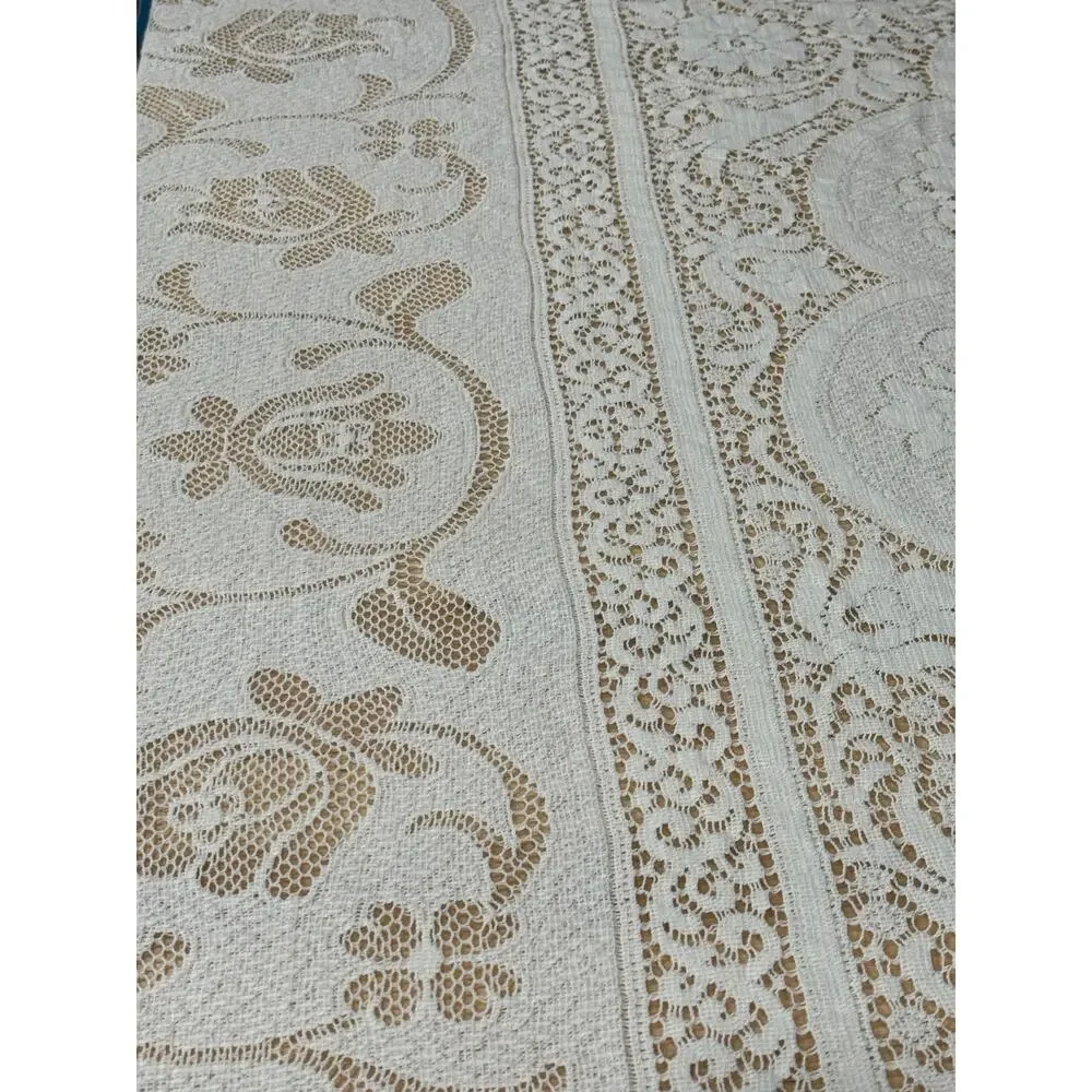 VINTAGE Lace Tablecloth Floral Cottagecore Farmhouse White Rectangular Cotton